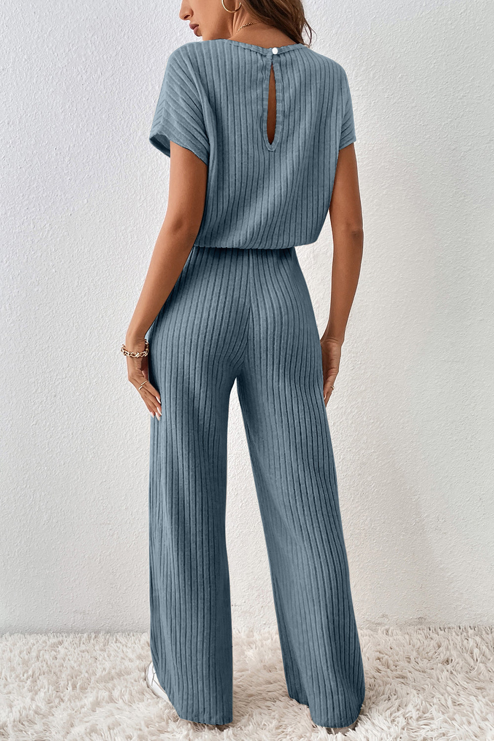 Dark Grey Ribbed Keyhole Short Sleeve Wide Leg Jumpsuit