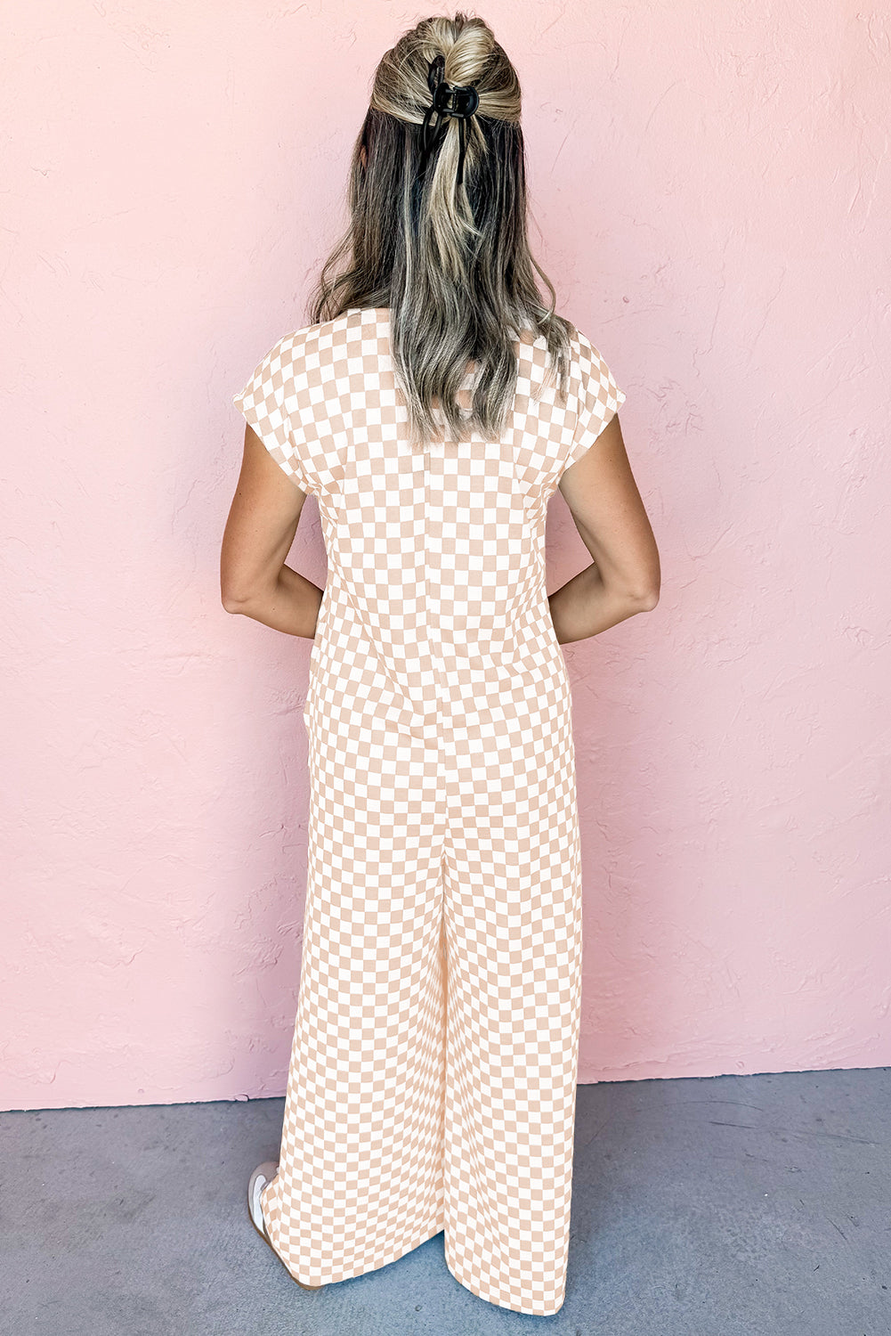 Khaki Checkered Print Buttoned Crew Neck Wide Leg Jumpsuit