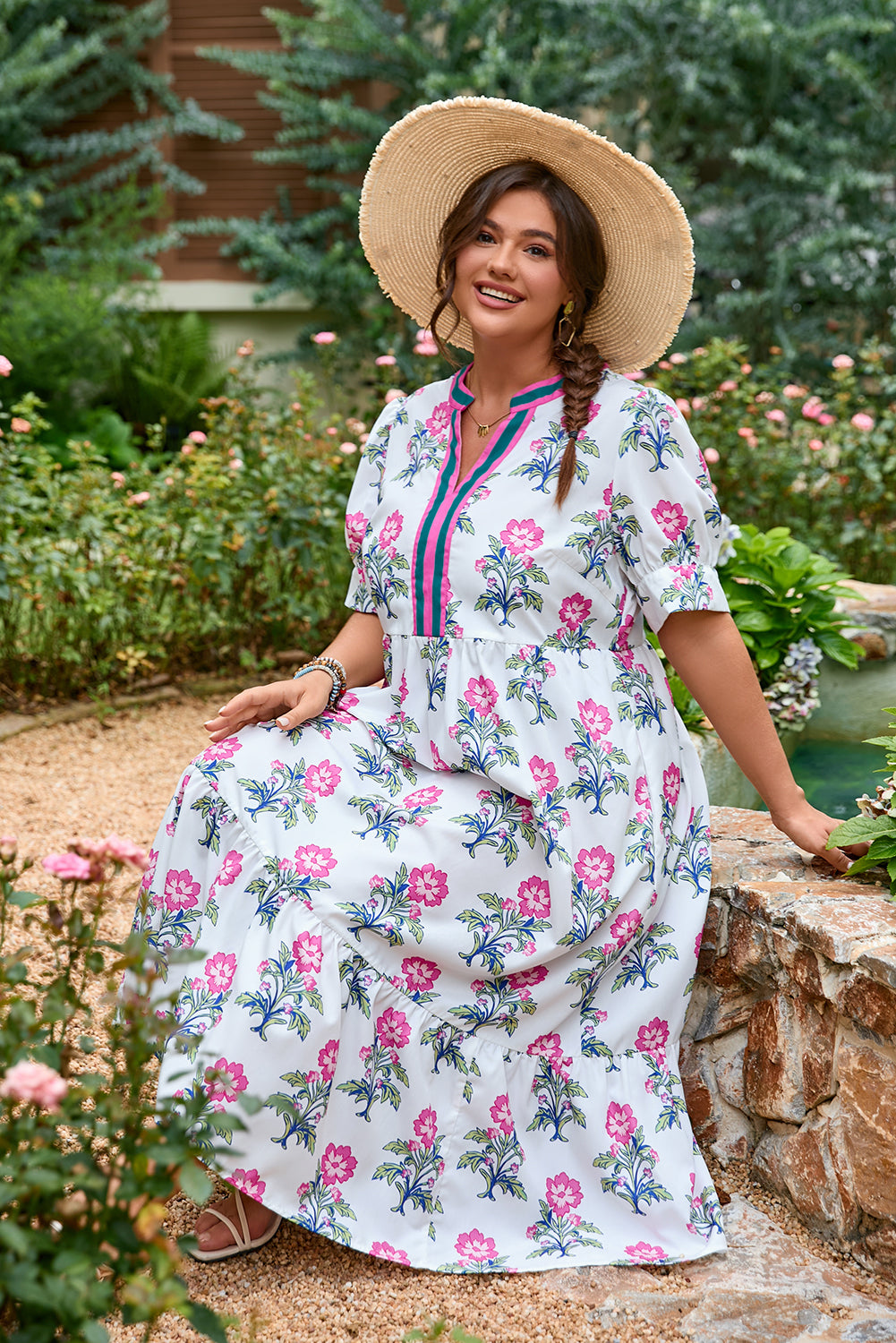 Red Allover Print Contrast Split Neckline Short Puff Sleeve Curvy Dress