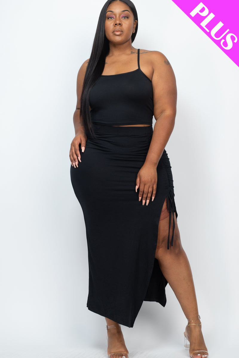 Plus Size Cami Crop Top & Ruched Side Split Hem Midi Skirt Set