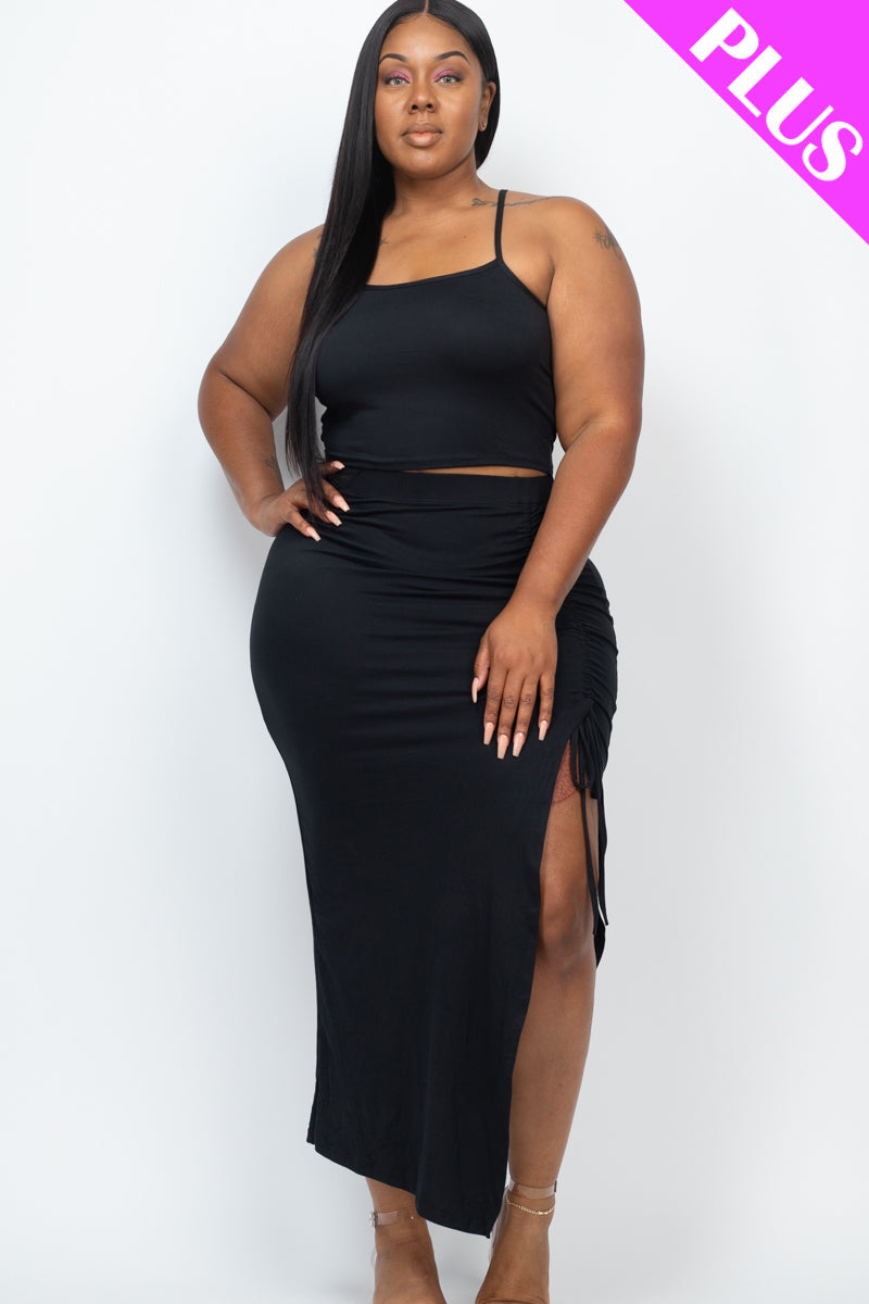 Plus Size Cami Crop Top & Ruched Side Split Hem Midi Skirt Set