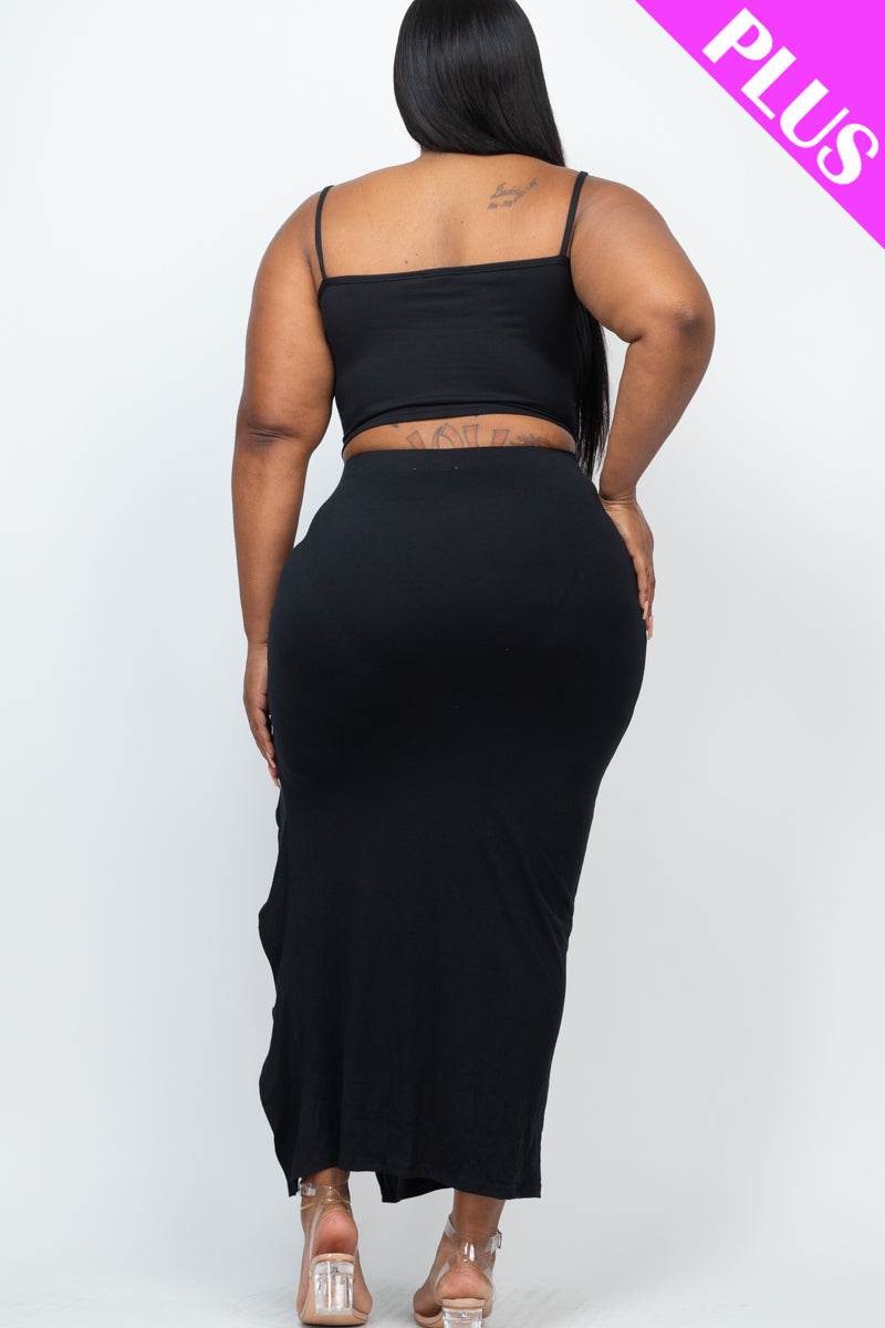 Plus Size Cami Crop Top & Ruched Side Split Hem Midi Skirt Set
