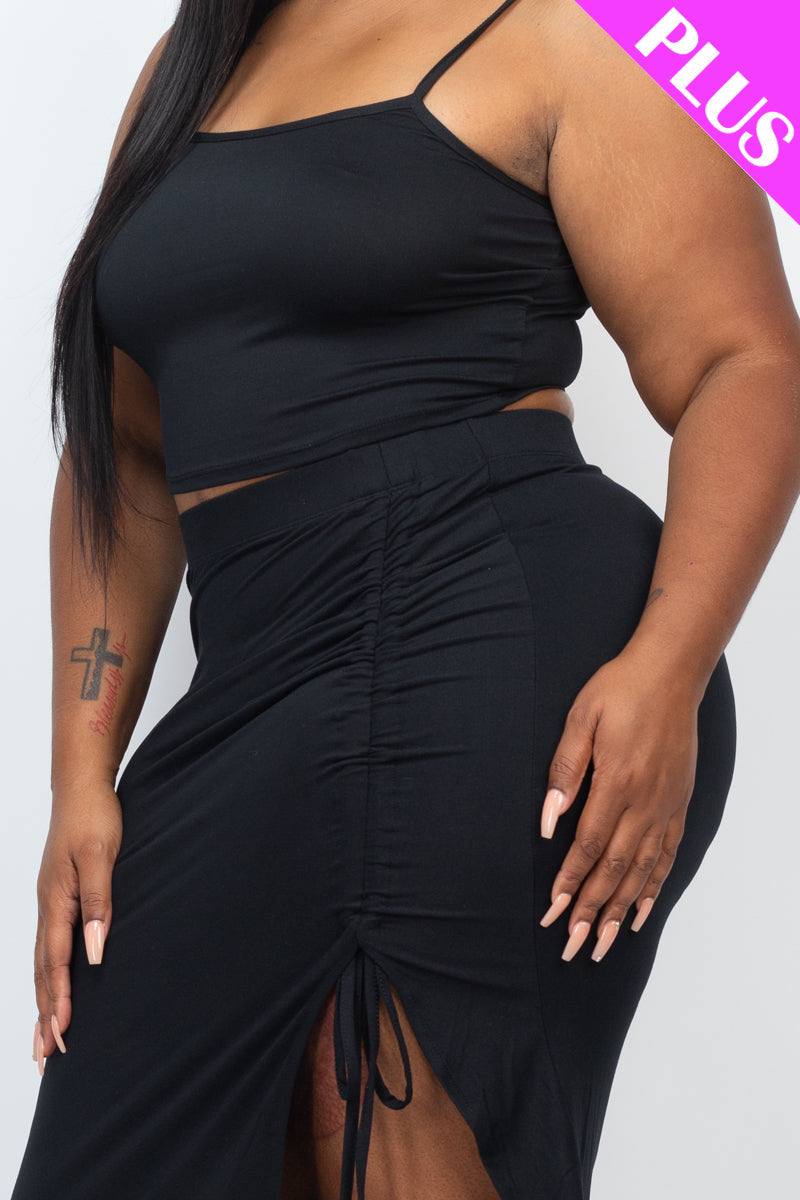 Plus Size Cami Crop Top & Ruched Side Split Hem Midi Skirt Set