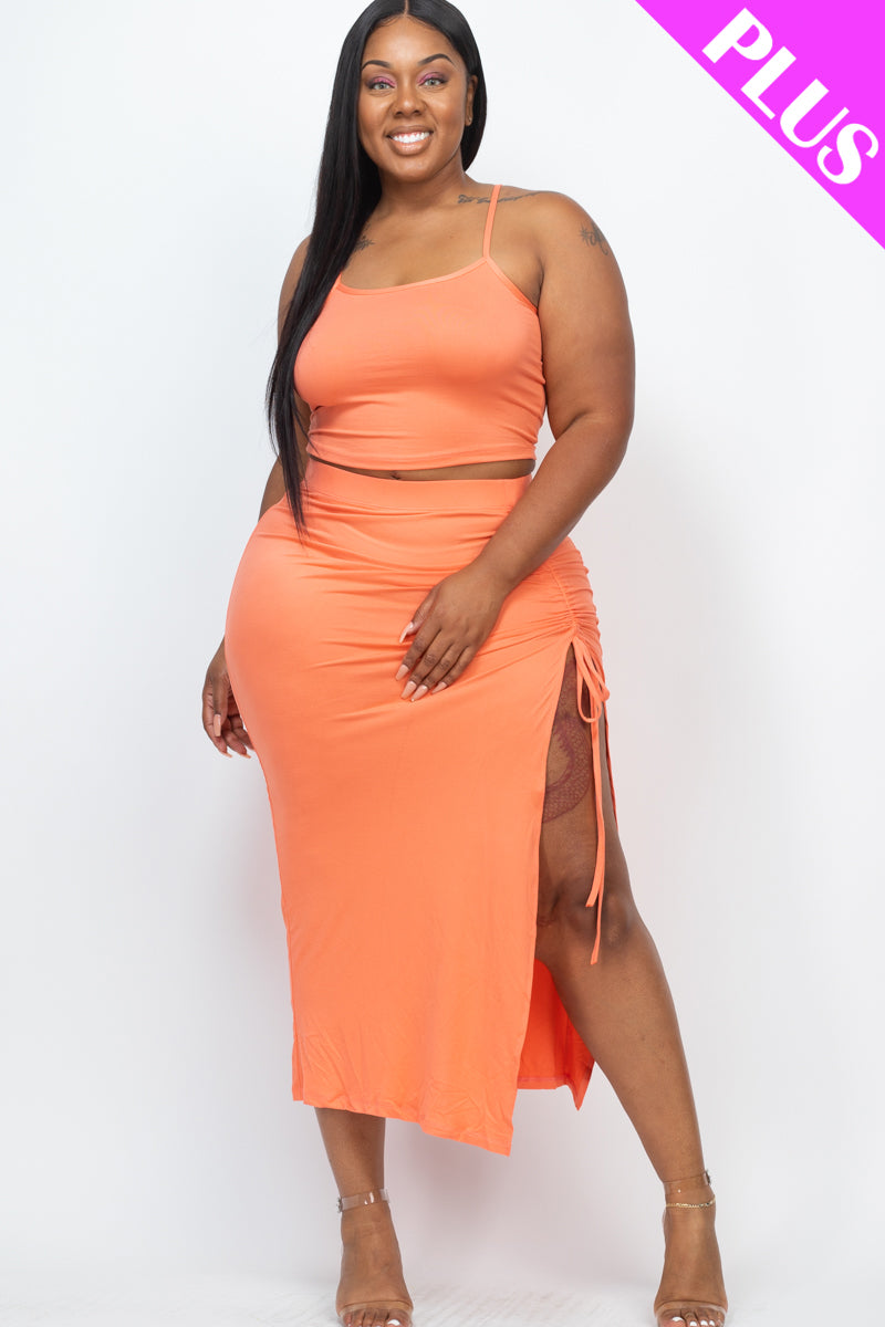 Plus Size Cami Crop Top & Ruched Side Split Hem Midi Skirt Set