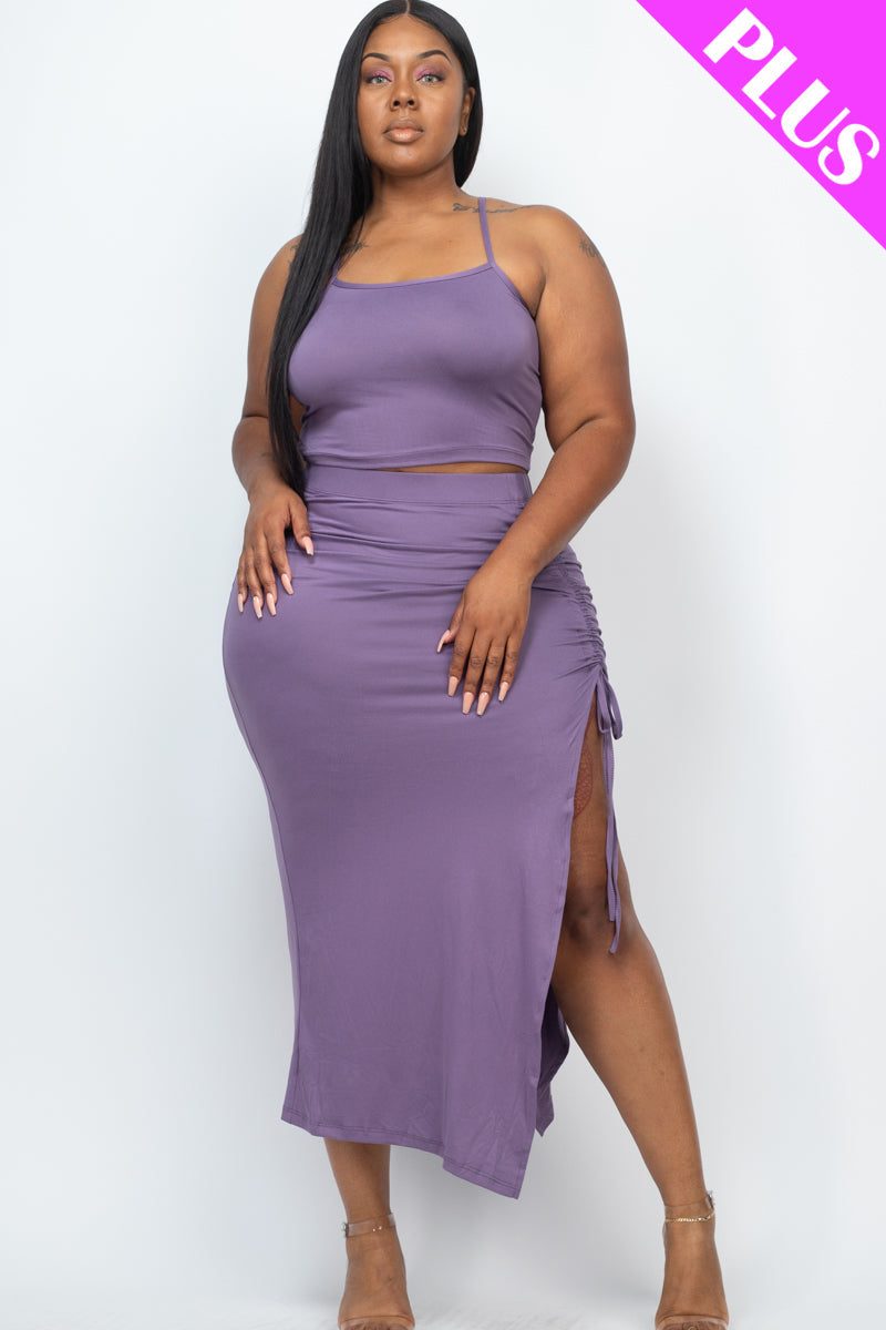 Plus Size Cami Crop Top & Ruched Side Split Hem Midi Skirt Set