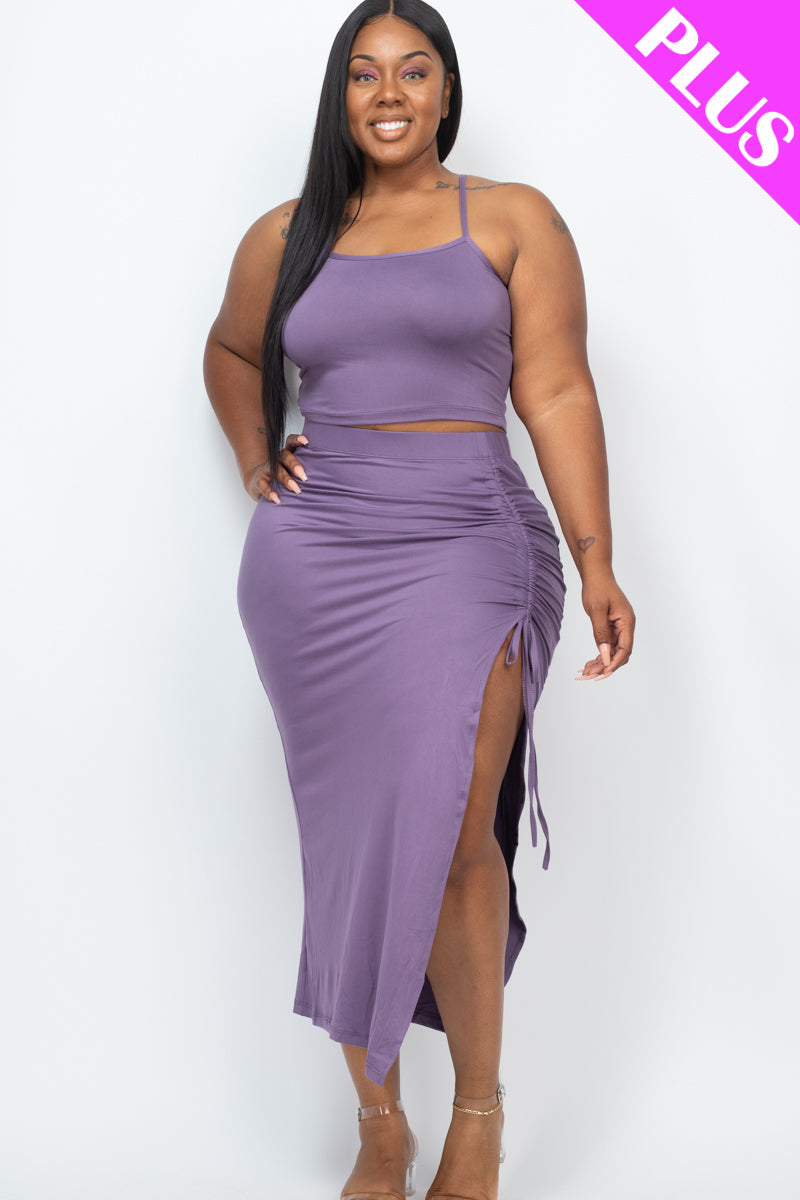 Plus Size Cami Crop Top & Ruched Side Split Hem Midi Skirt Set