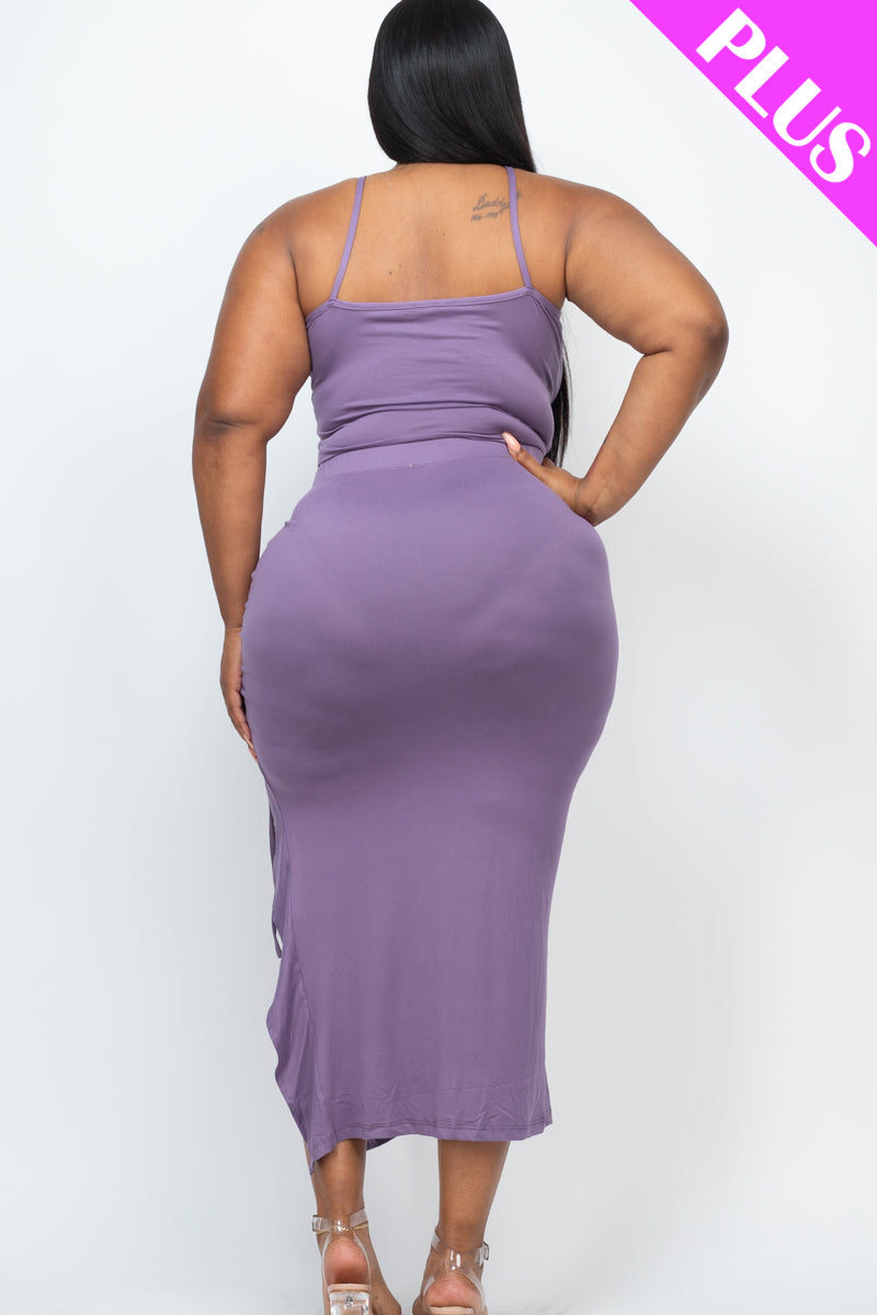 Plus Size Cami Crop Top & Ruched Side Split Hem Midi Skirt Set