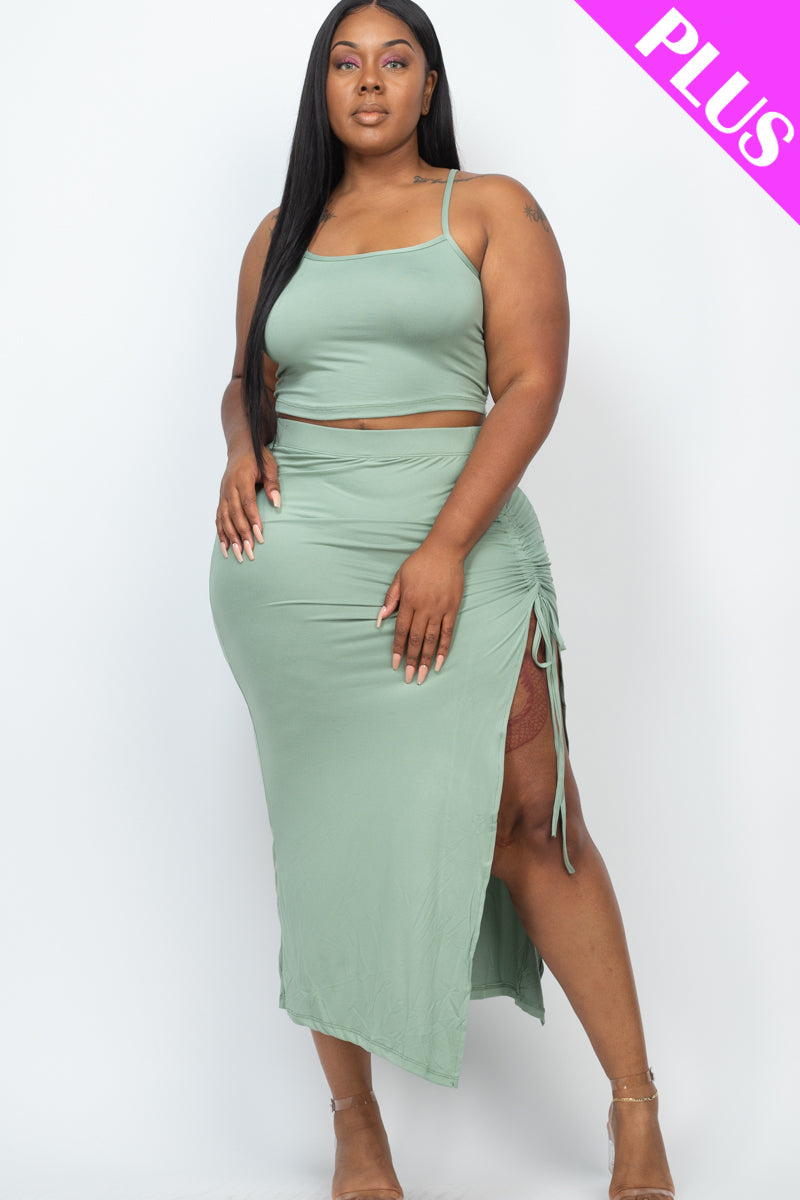 Plus Size Cami Crop Top & Ruched Side Split Hem Midi Skirt Set