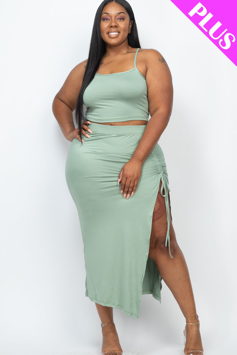 Plus Size Cami Crop Top & Ruched Side Split Hem Midi Skirt Set