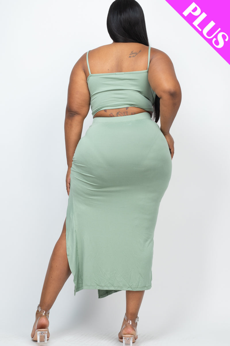 Plus Size Cami Crop Top & Ruched Side Split Hem Midi Skirt Set