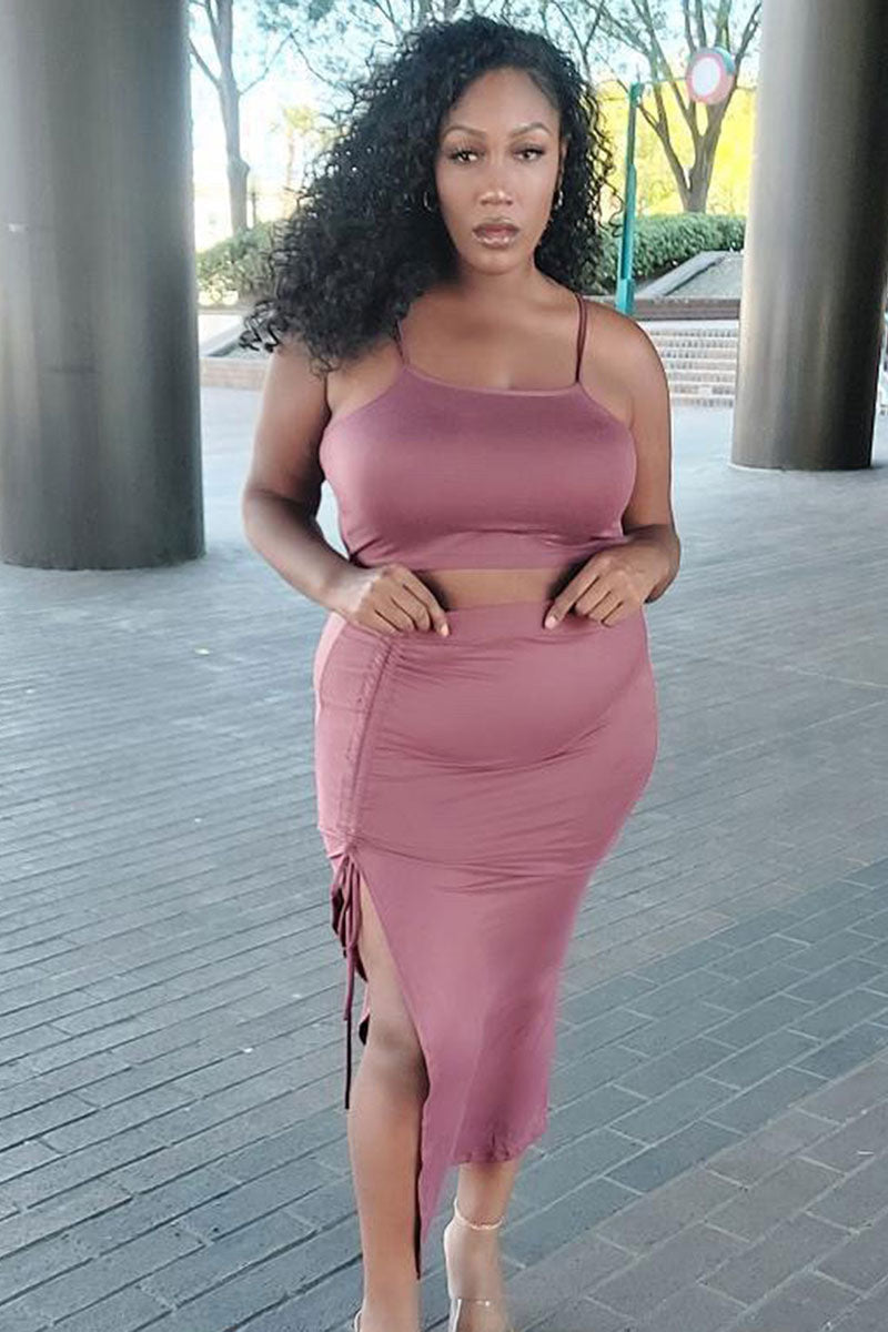Plus Size Cami Crop Top & Ruched Side Split Hem Midi Skirt Set