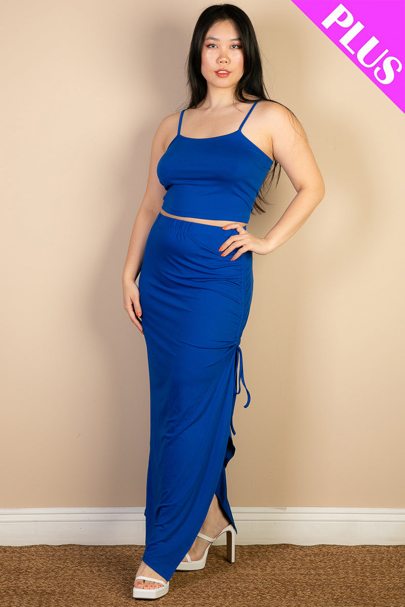 Plus Size Cami Crop Top & Ruched Side Split Hem Midi Skirt Set