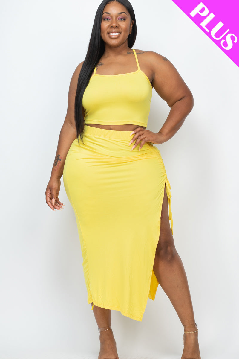 Plus Size Cami Crop Top & Ruched Side Split Hem Midi Skirt Set