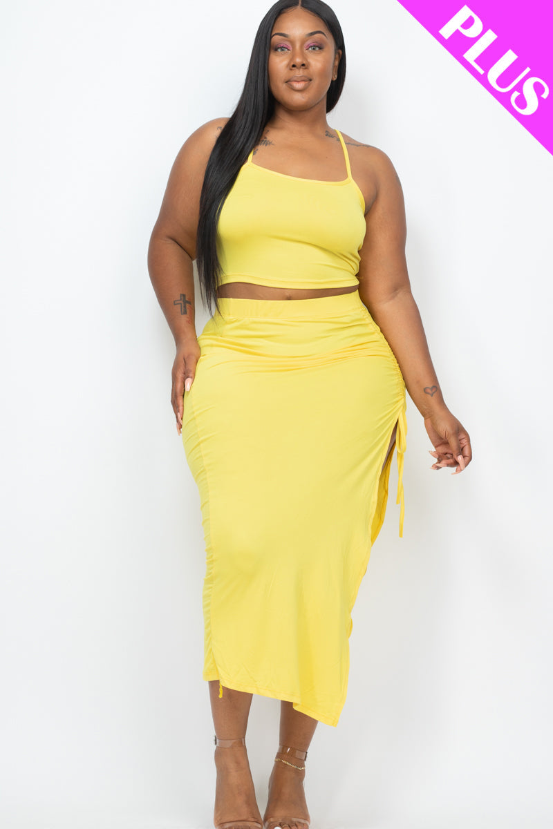 Plus Size Cami Crop Top & Ruched Side Split Hem Midi Skirt Set