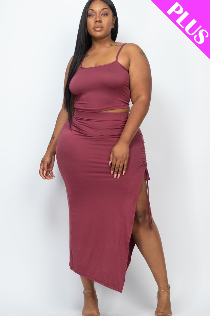 Plus Size Cami Crop Top & Ruched Side Split Hem Midi Skirt Set