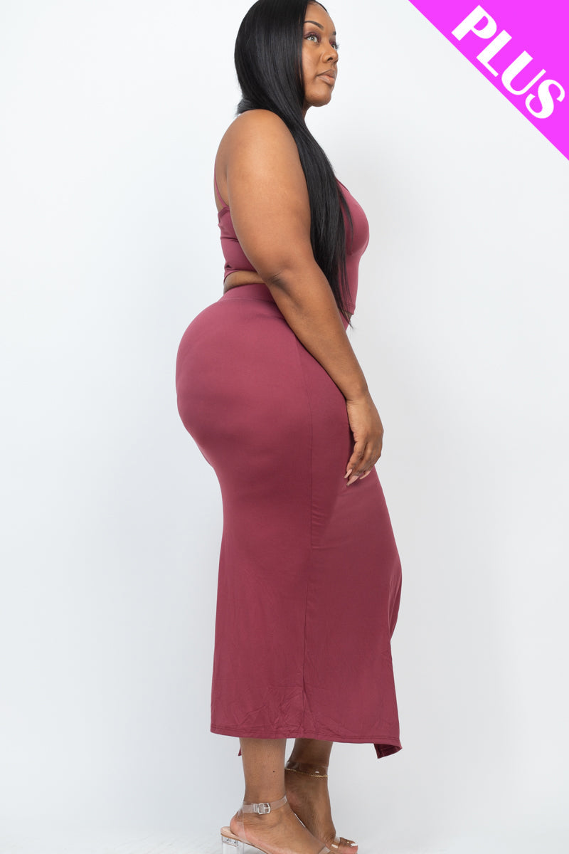Plus Size Cami Crop Top & Ruched Side Split Hem Midi Skirt Set