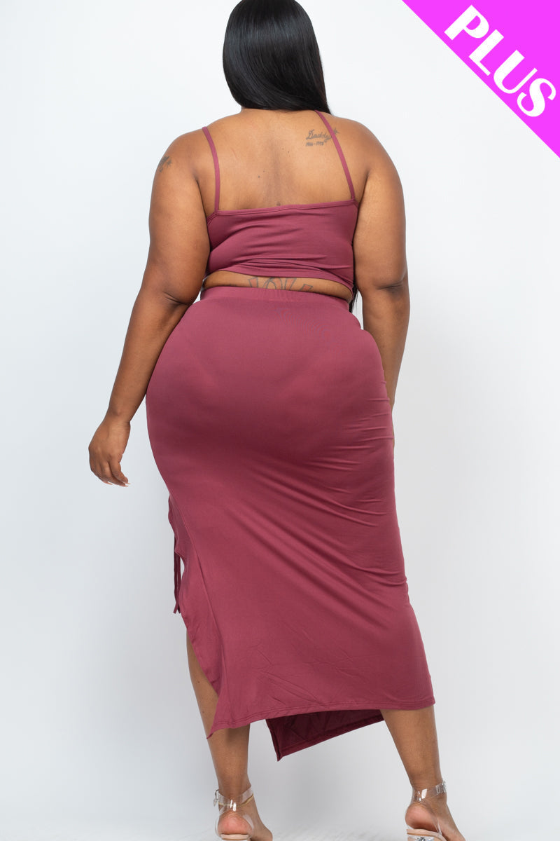 Plus Size Cami Crop Top & Ruched Side Split Hem Midi Skirt Set