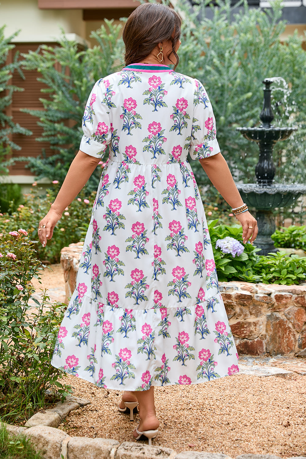 Red Allover Print Contrast Split Neckline Short Puff Sleeve Curvy Dress