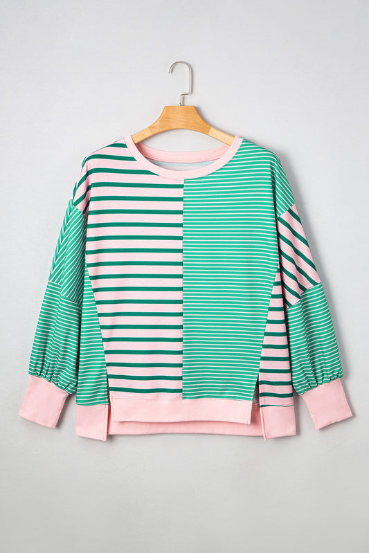 Green Stripe Color Block Exposed Seam Side Slit Plus Size Sweatshirt