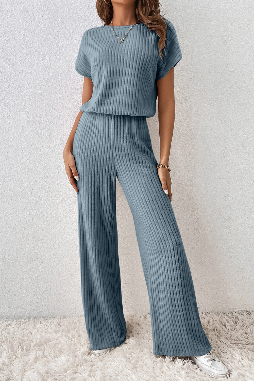 Dark Grey Ribbed Keyhole Short Sleeve Wide Leg Jumpsuit