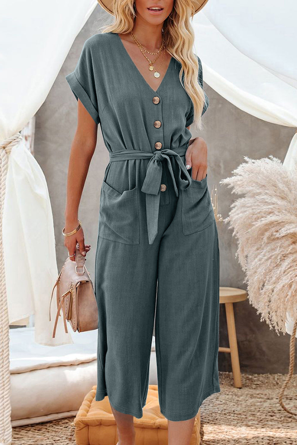Black Dolman Button Belted V Neck Wide Leg Pocketed Jumpsuit