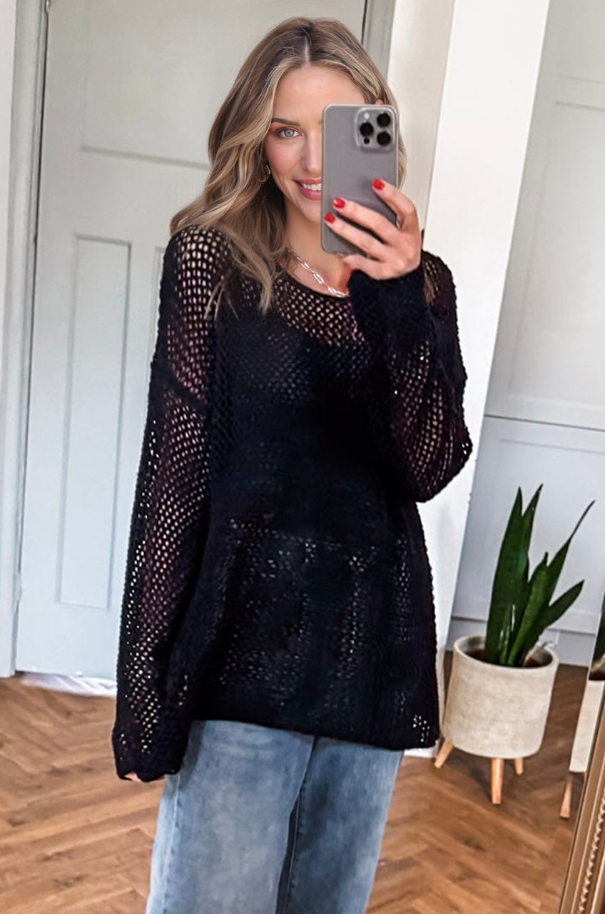 Smoke Gray Crochet Hollow-out Jumper Top Sweater
