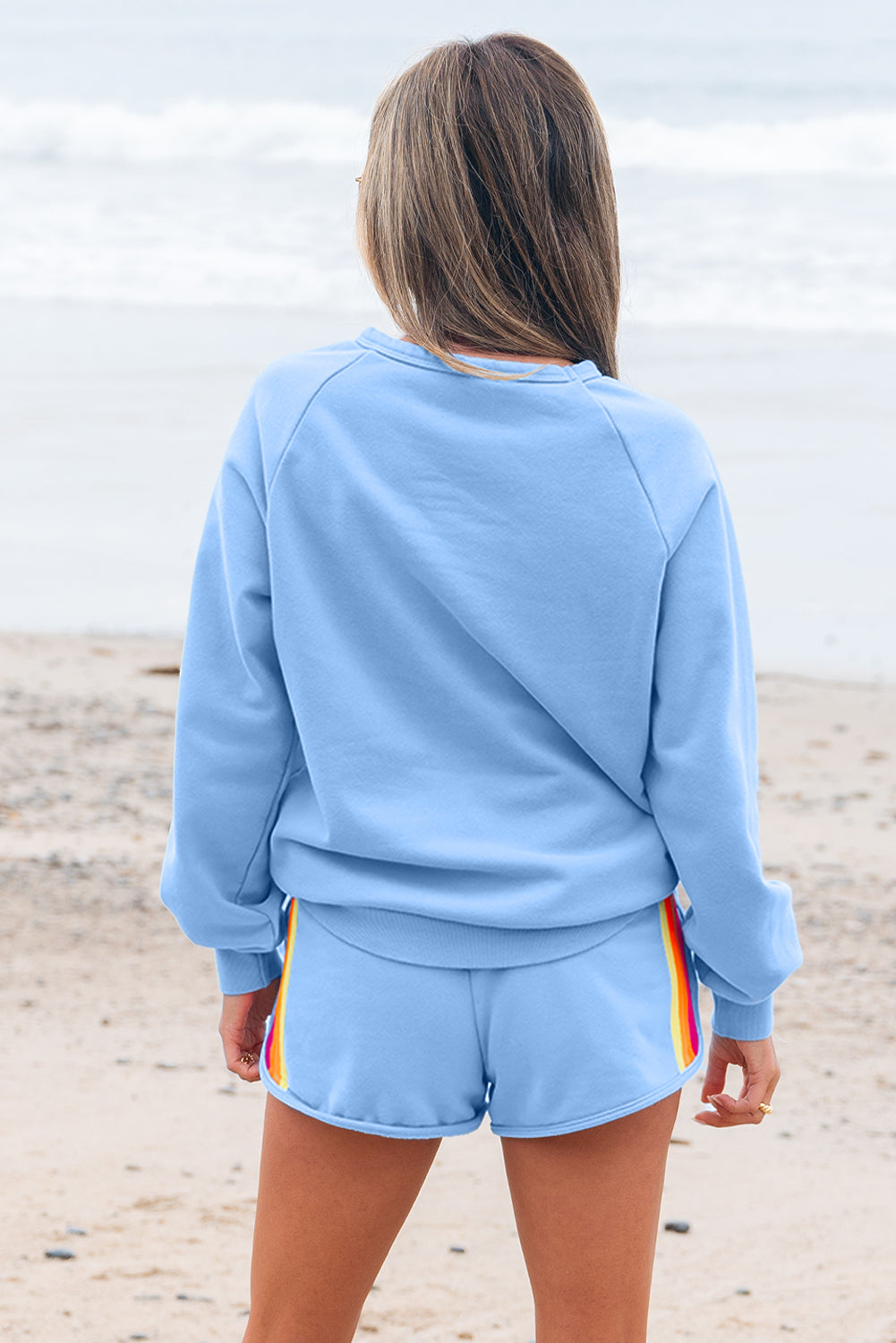 Apricot Striped Accent Pullover and Shorts Two Piece Casual Set