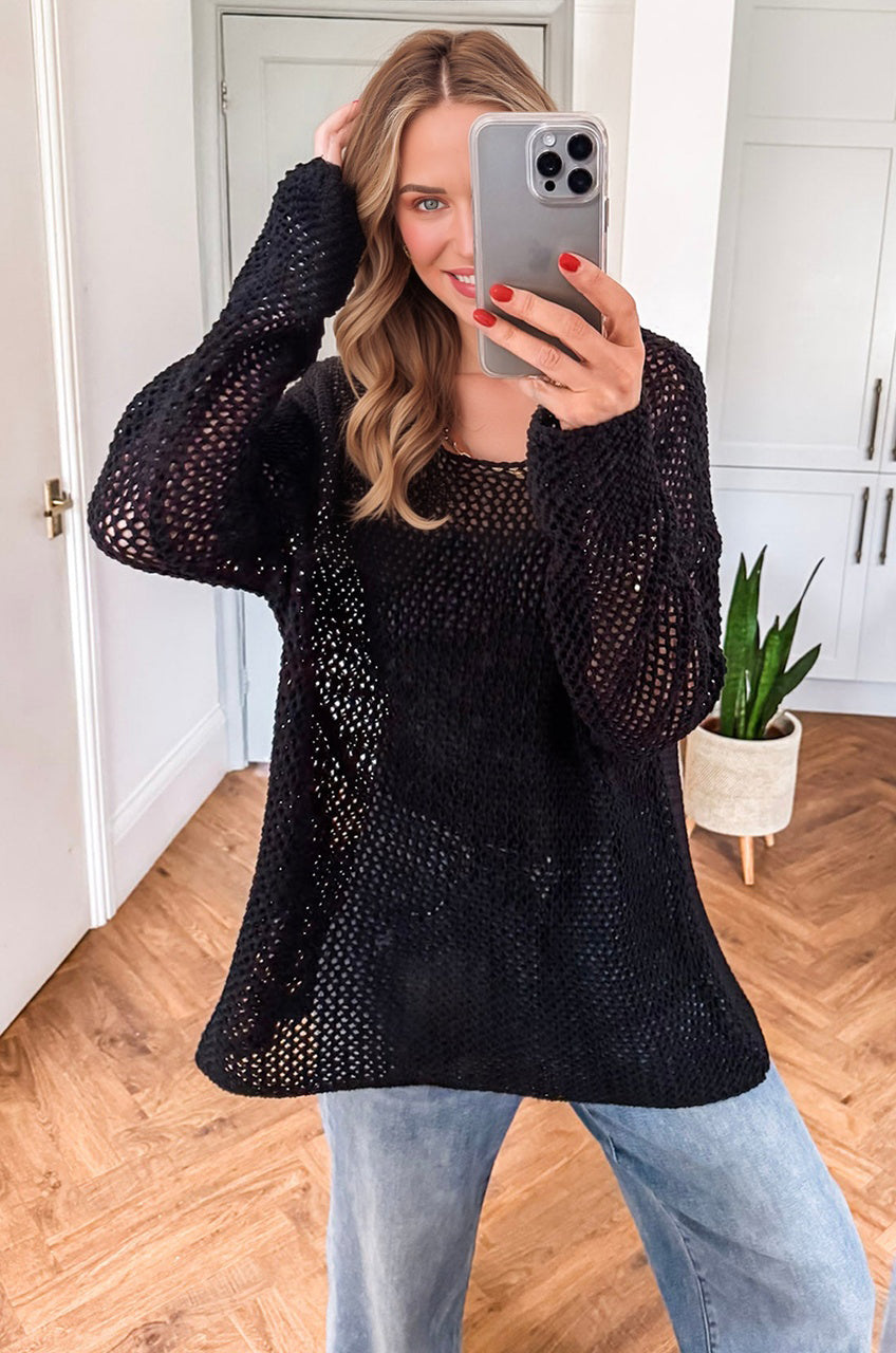 Smoke Gray Crochet Hollow-out Jumper Top Sweater