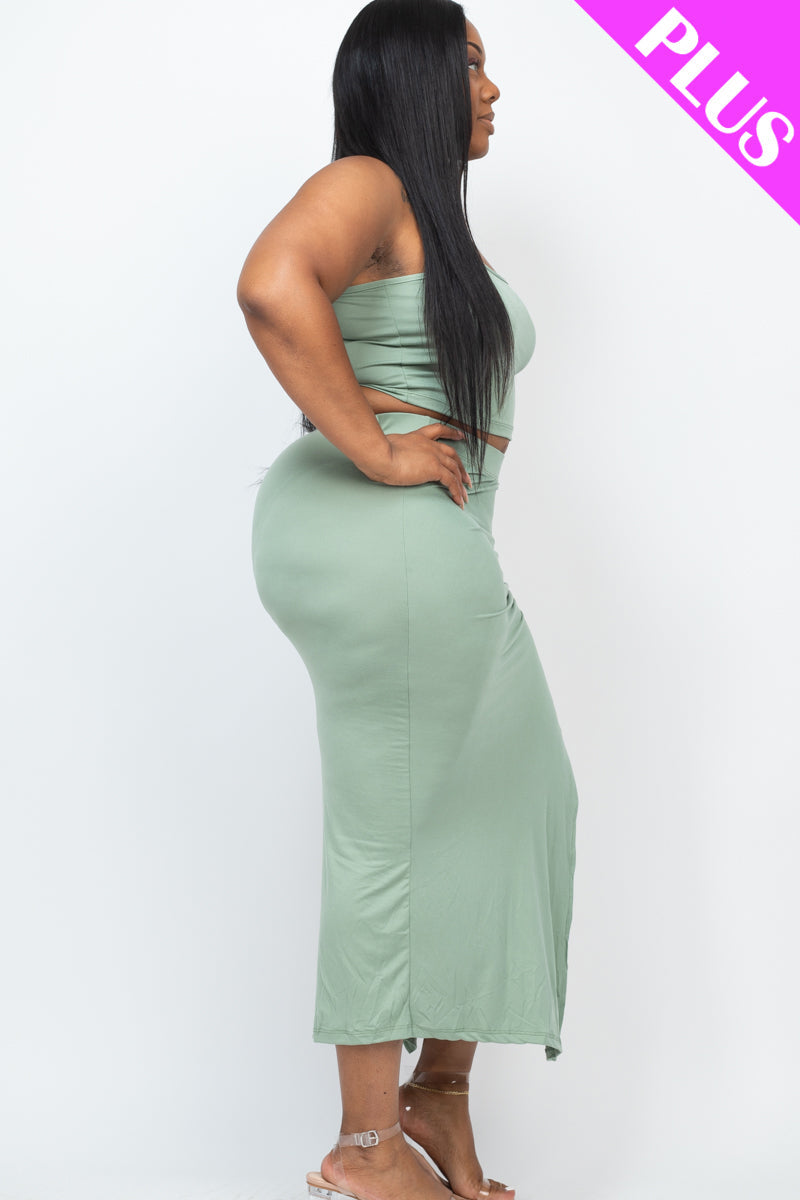 Plus Size Cami Crop Top & Ruched Side Split Hem Midi Skirt Set