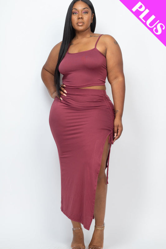 Plus Size Cami Crop Top & Ruched Side Split Hem Midi Skirt Set