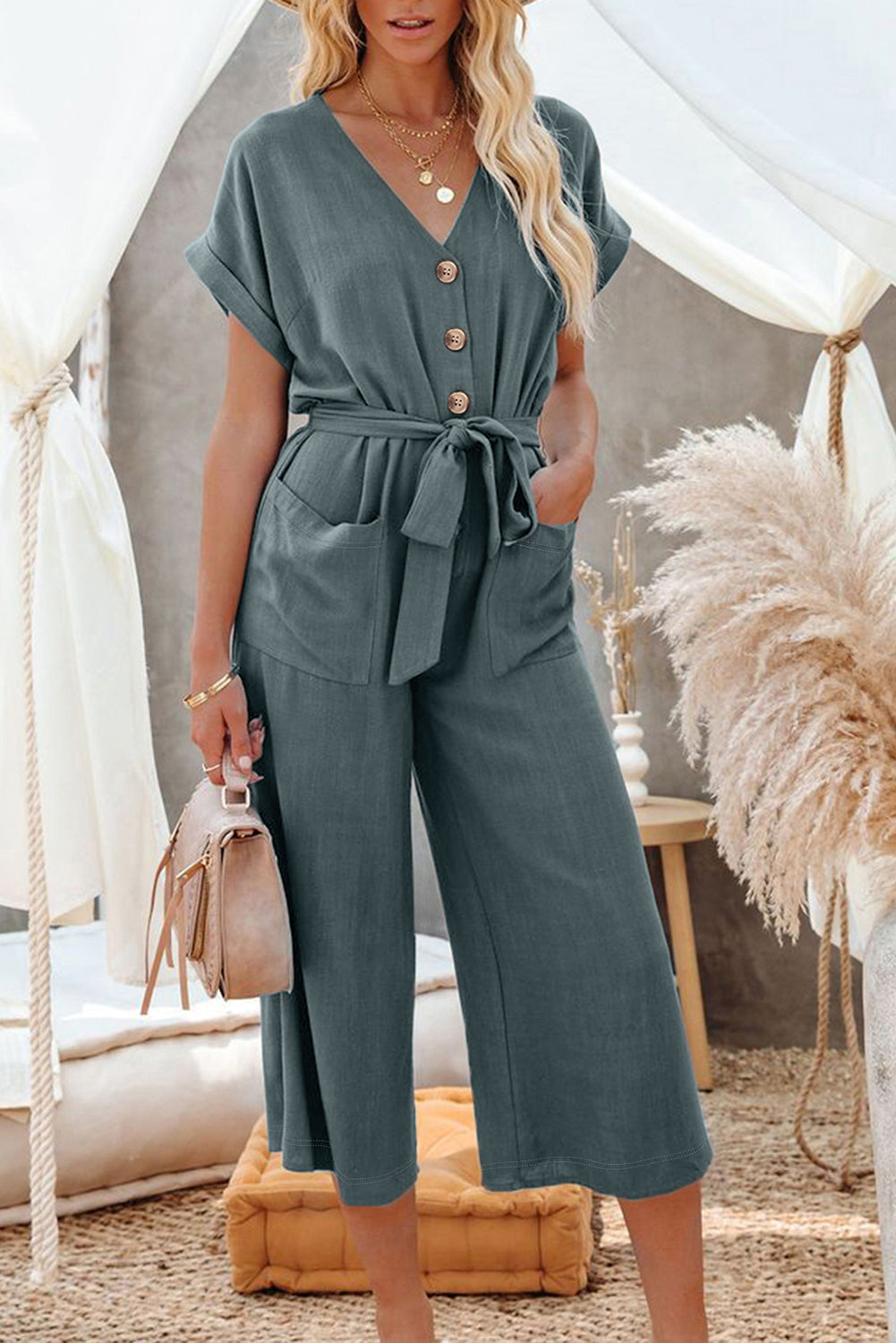 Black Dolman Button Belted V Neck Wide Leg Pocketed Jumpsuit