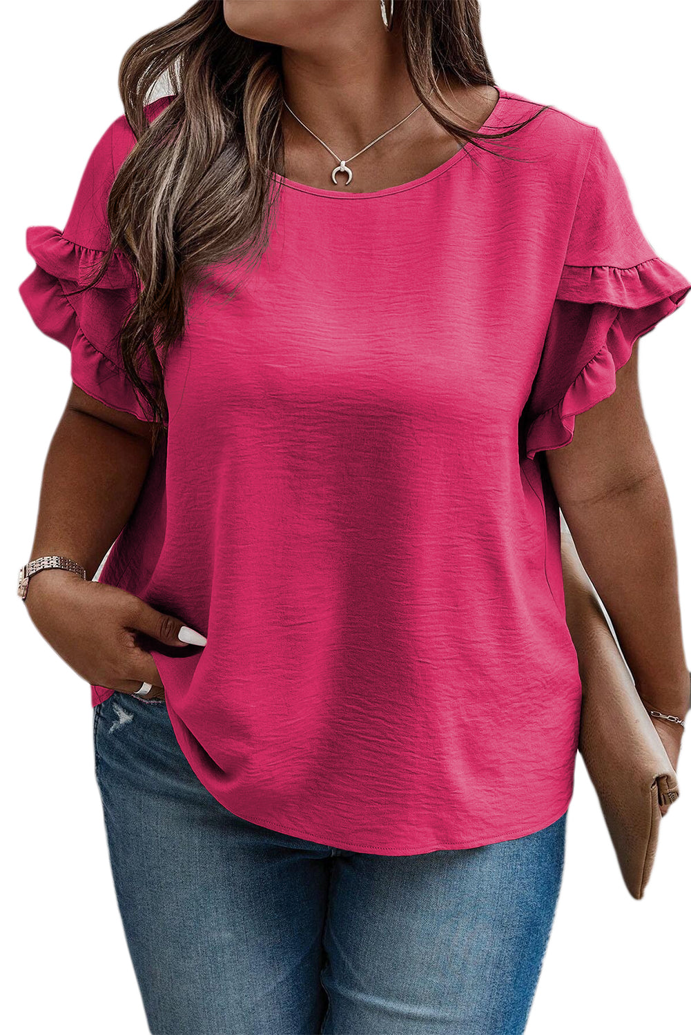 Light French Beige Ruffled Short Sleeve Plus Size Top